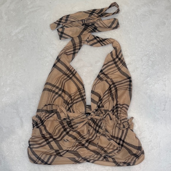 IAMGIA Carmel halter top tan plaid cropped Small S - Picture 2 of 5